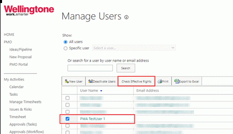 Manage users setting in Project Online screenshot