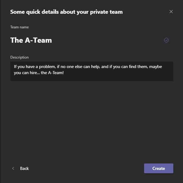 Screenshot of choosing the team name in Microsoft Teams