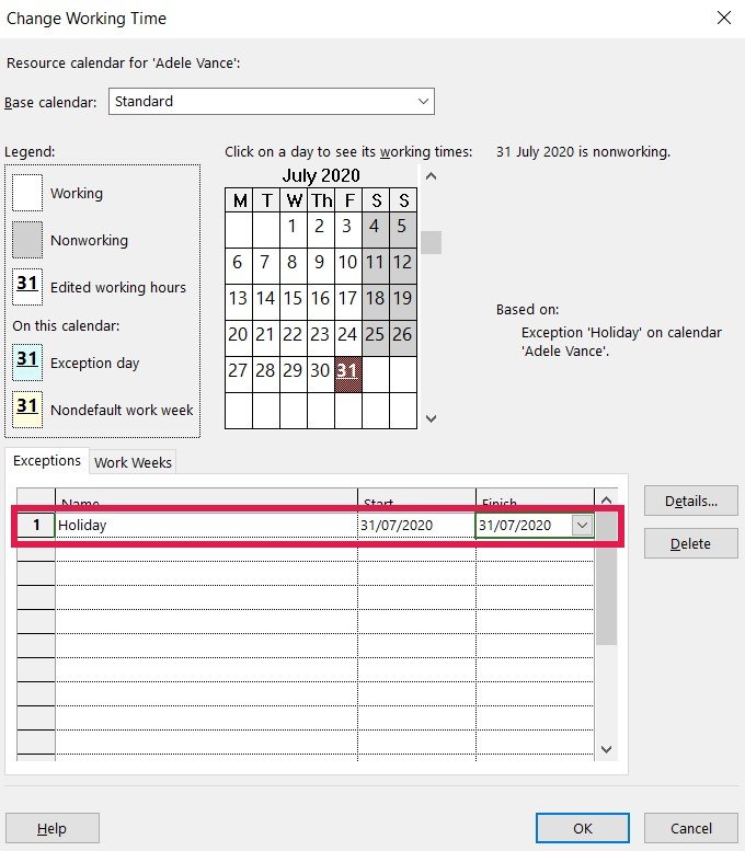 Change working time in Microsoft Project Online Enterprise calendars. 