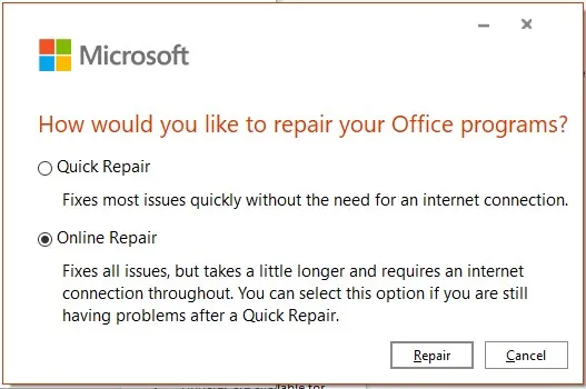 How would you like to repair your Office programs