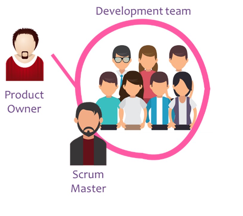 Development team, Scrum Master and Product Owner